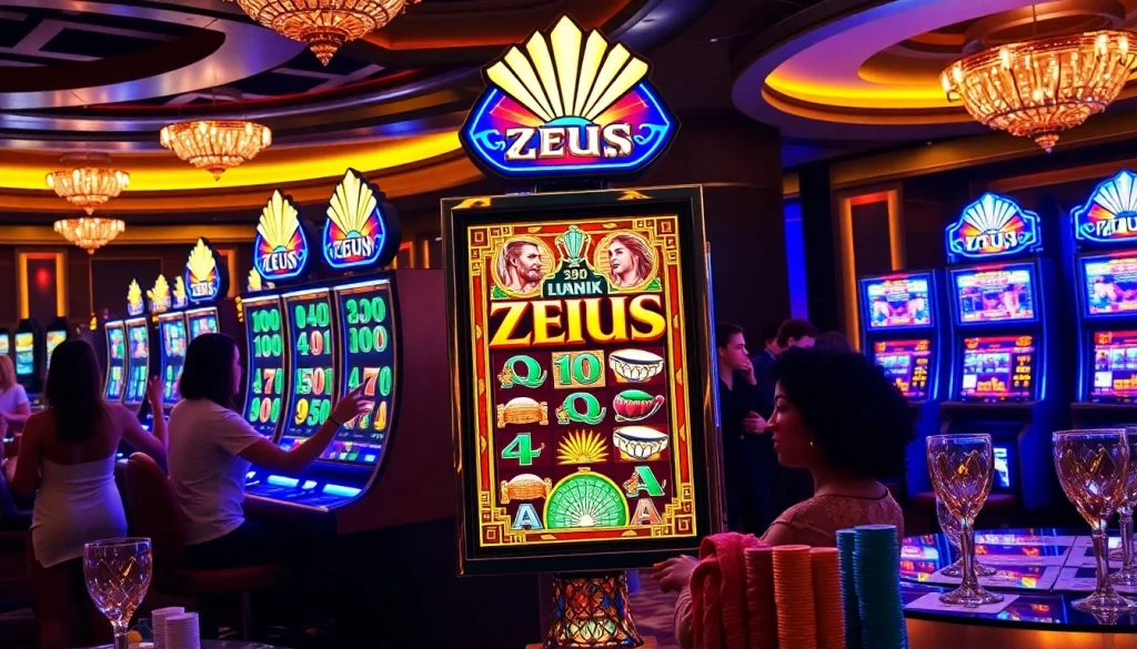 Players enjoying the Zeus slot at a vibrant casino, highlighting excitement and luxury in gambling.