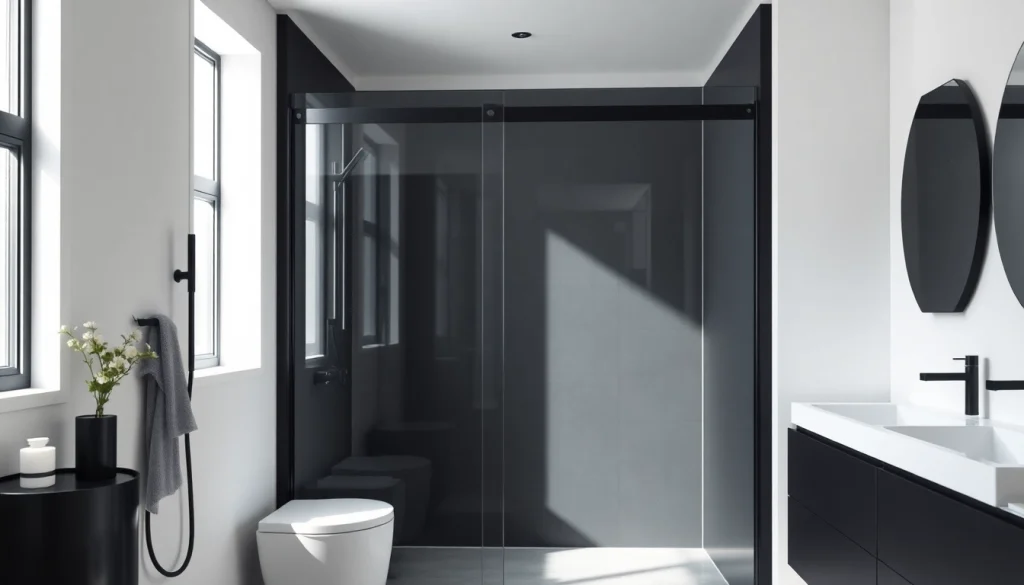 Stylish black shower door accentuating modern bathroom decor and clean design.