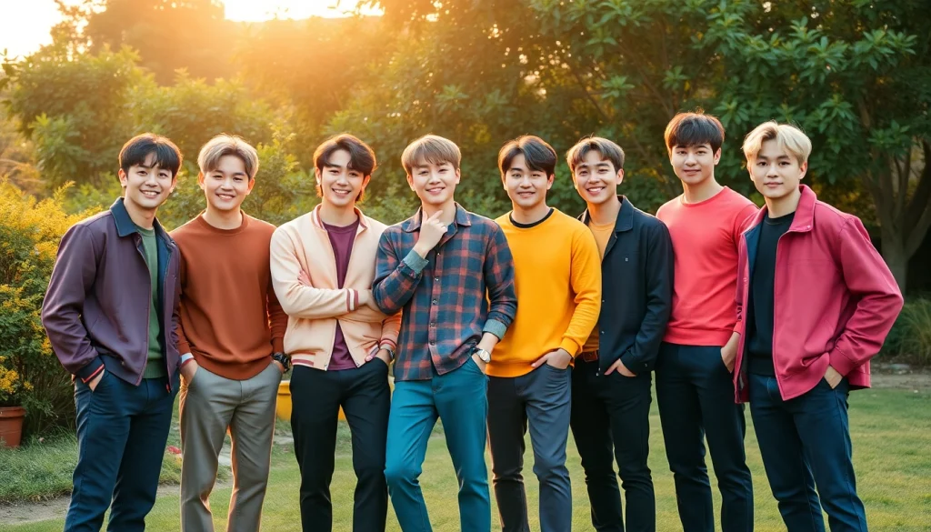 BTS members posing joyfully in a green field, showcasing their unique personalities and energy.