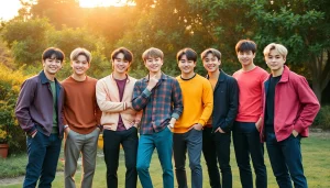 BTS members posing joyfully in a green field, showcasing their unique personalities and energy.