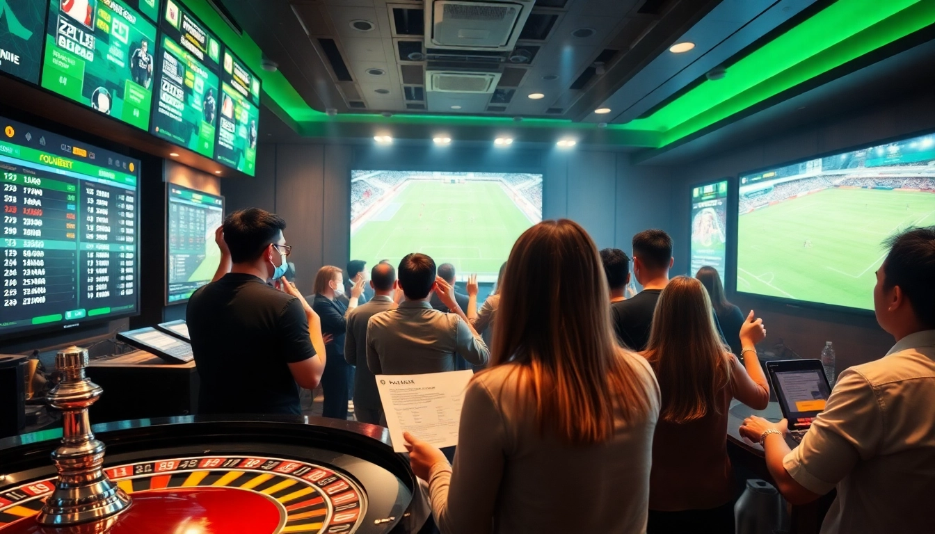 Engaged players using digital interfaces for Taruhan bola, showcasing excitement and high stakes in sports betting.