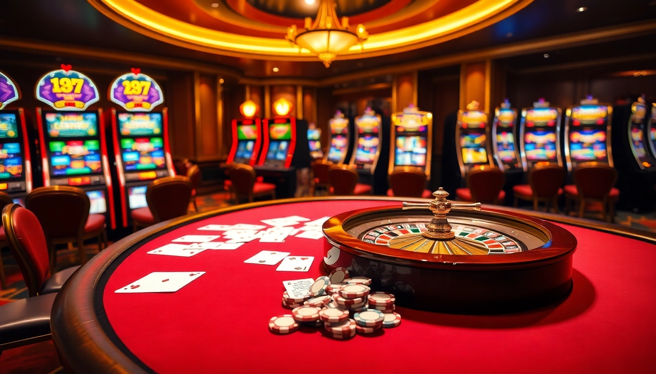Une scène de casino animée mettant en avant un meilleure casino en ligne avec des jeux de table élégants et des machines à sous passionnantes.