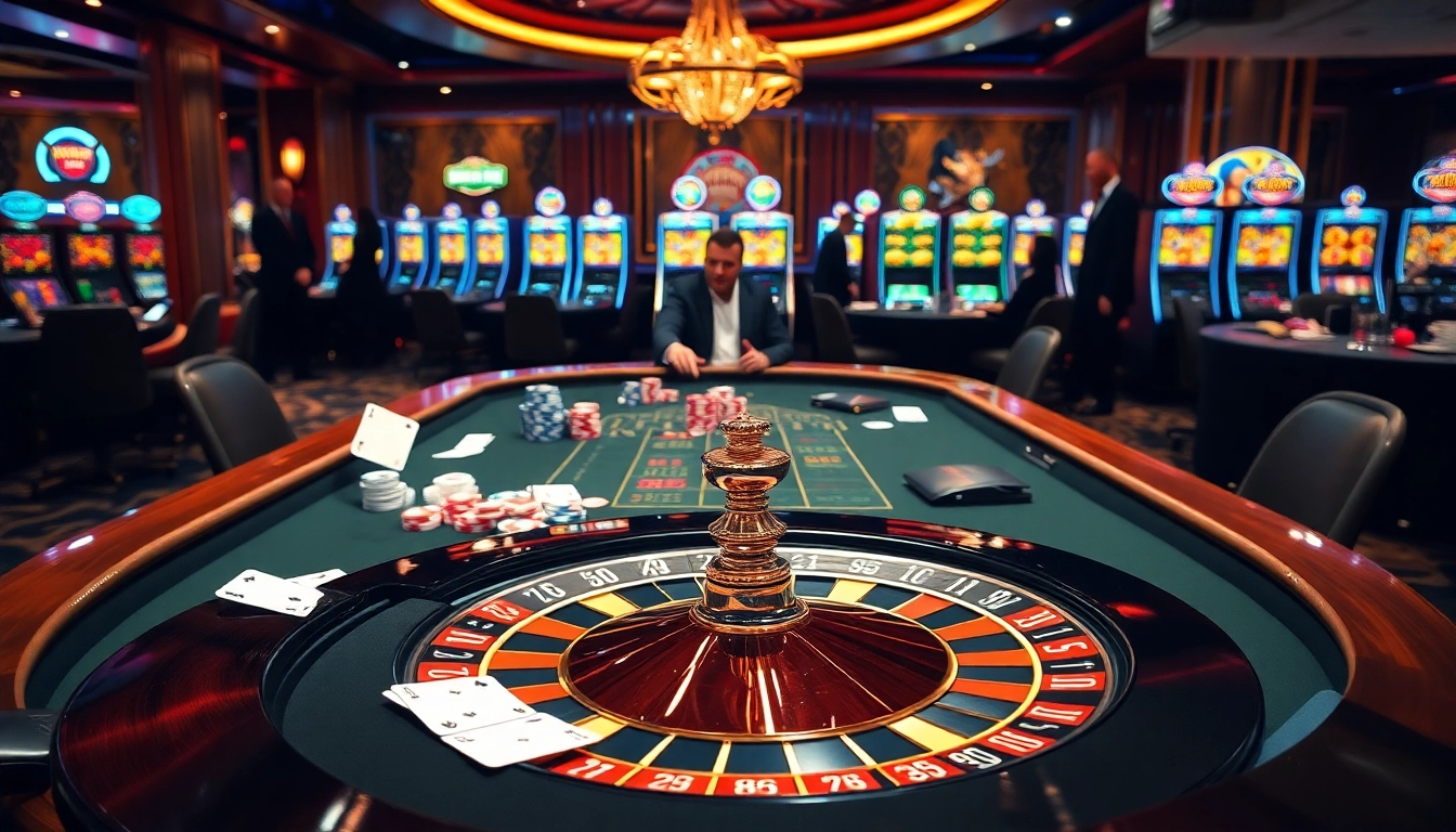Vivez l'excitation du jeu au meilleure casino en ligne avec une table de poker à enjeux élevés entourée de joueurs.