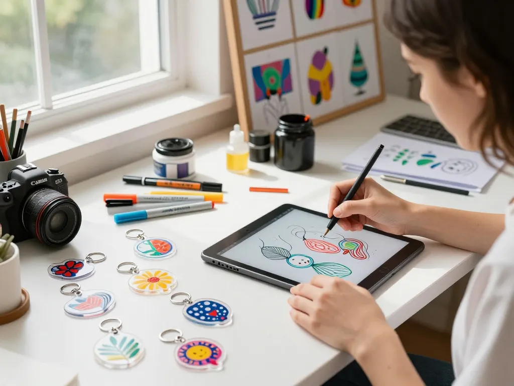 Custom clear acrylic keychains designed on workspace table with vibrant colors and artistic tools.