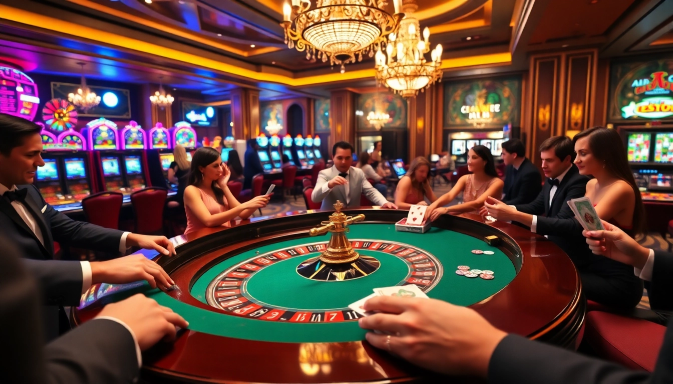 Une vue dynamique de joueurs engagés à une table de roulette de luxe, mettant en avant l'expérience du meilleure casino en ligne avec des couleurs vives et des éléments de casino.