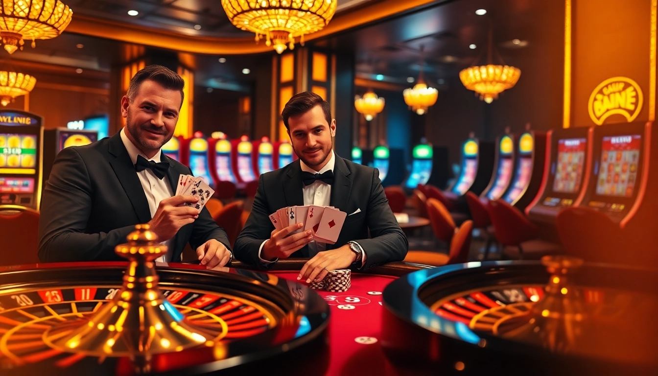 Une scène palpitante de joueurs autour d'une table de casino luxueuse illustrant le meilleure casino en ligne avec des jetons de poker et une roulette.