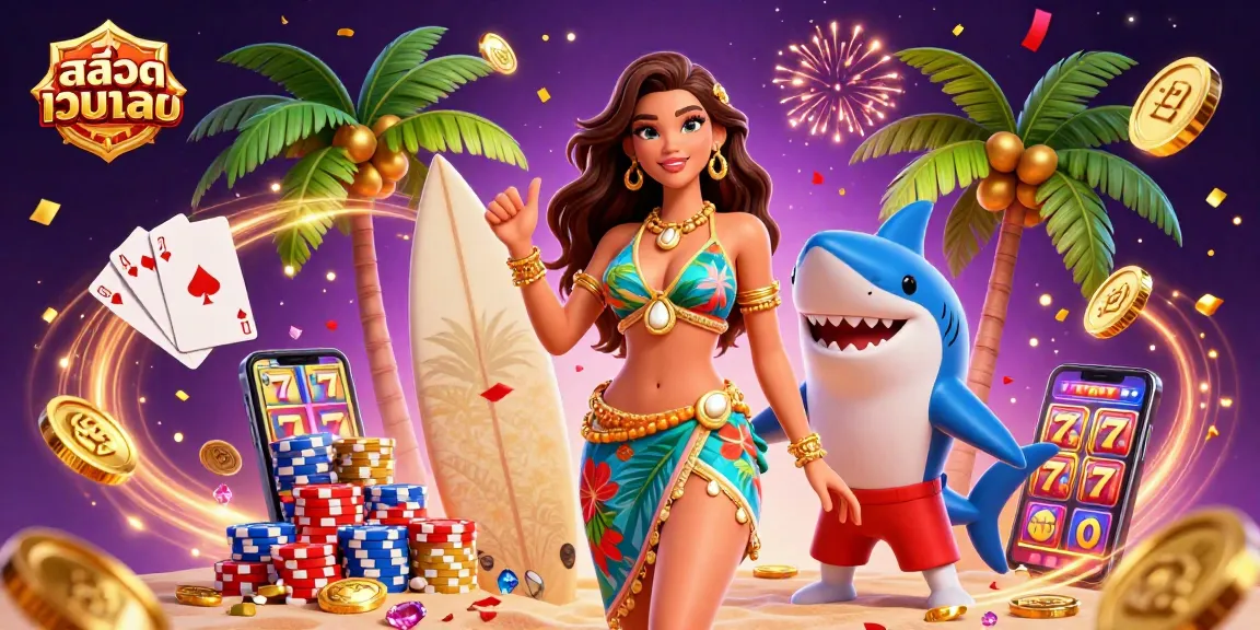 Engage with สล็อตเว็บตรง in an exhilarating scene featuring gaming elements, poker chips, and vibrant characters.