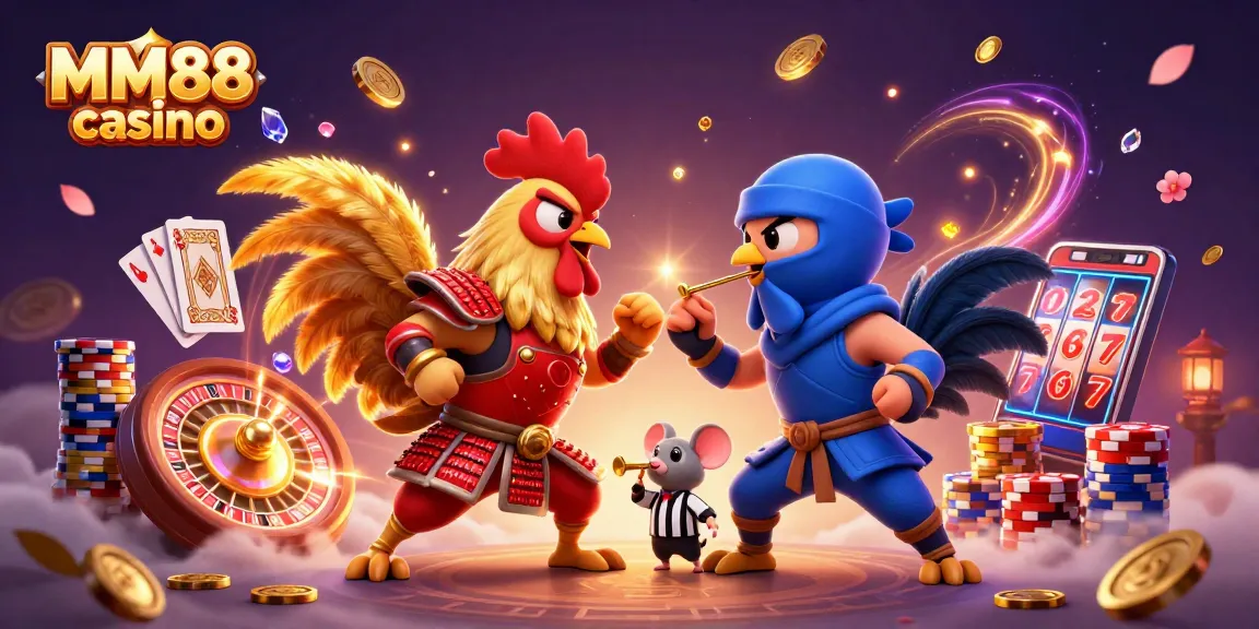 Play thrilling MM88 casino with vibrant roosters, golden coins, and dynamic game elements