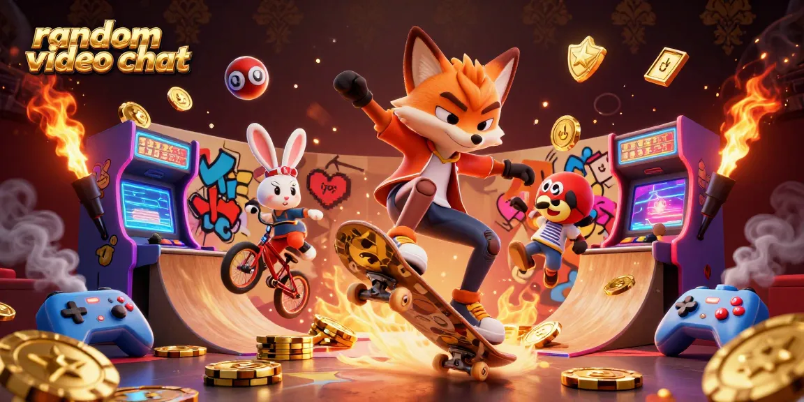Engage in random video chat with animated characters celebrating gambling success through vibrant visuals.