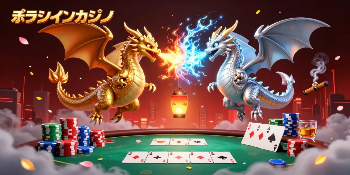 オンラインカジノでポーカーテーブルでの勝負を楽しむ金銀のドラゴン。