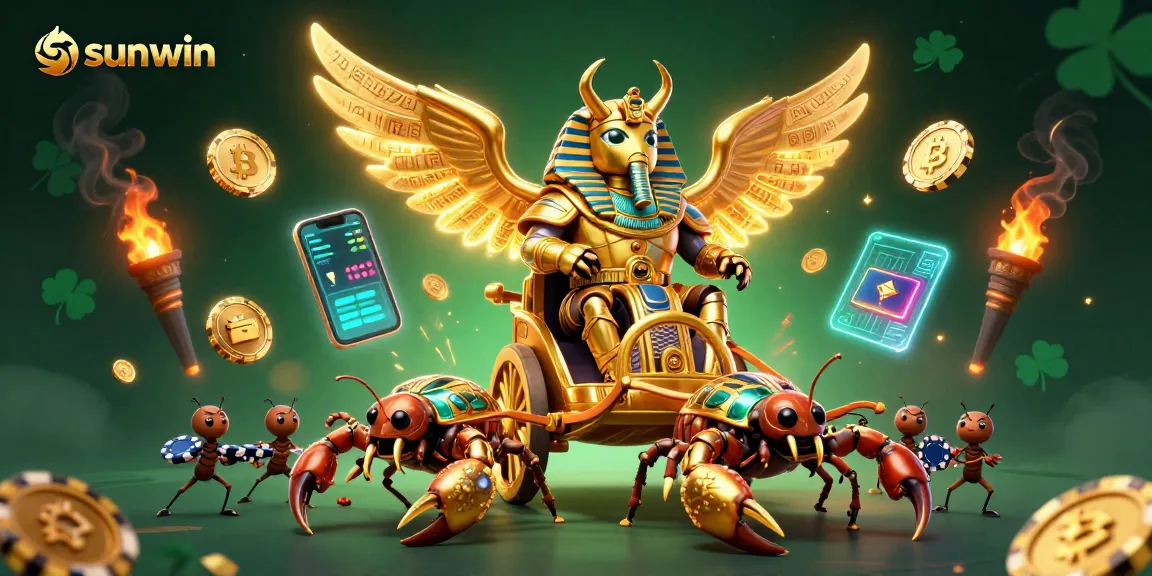 sunwin provides thrilling gaming experiences with golden scarab and glittering coins in an epic casino scene