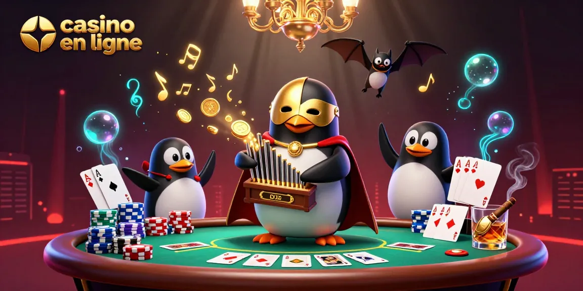 Les personnages de casino en ligne s'affrontent autour d'une table de poker, avec un pingouin acrobate et des pièces d'or.