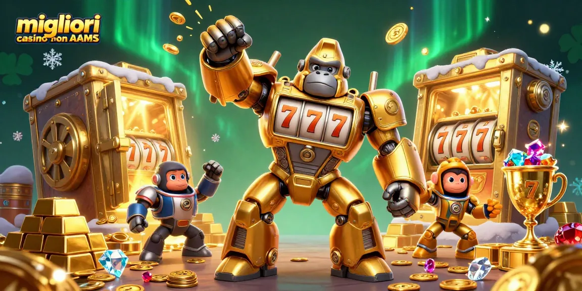 Visualizza i migliori casino non AAMS con un potente mech gorilla dorato e tesori scintillanti.