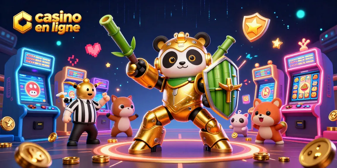 Illustration animée représentant un panda en costume mecha au centre d'une scène de casino en ligne, entouré de machines à sous.