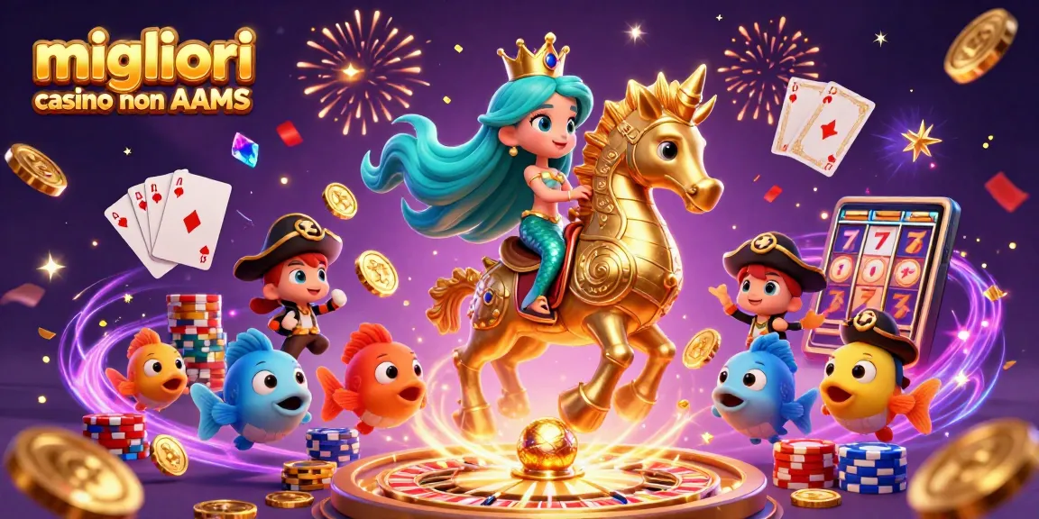 Scopri i migliori casino non AAMS del 2026 in un'illustrazione vibrante e dinamica con personaggi e elementi di gioco.