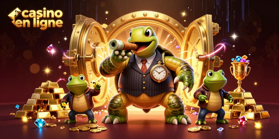 Vivez l'excitation du casino en ligne avec une tortue mafieuse et ses acolytes près d'un coffre-fort d'or.