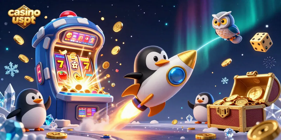Giocare nei casino usdt con un pinguino d'oro che vola verso una stazione spaziale a forma di poker chip.