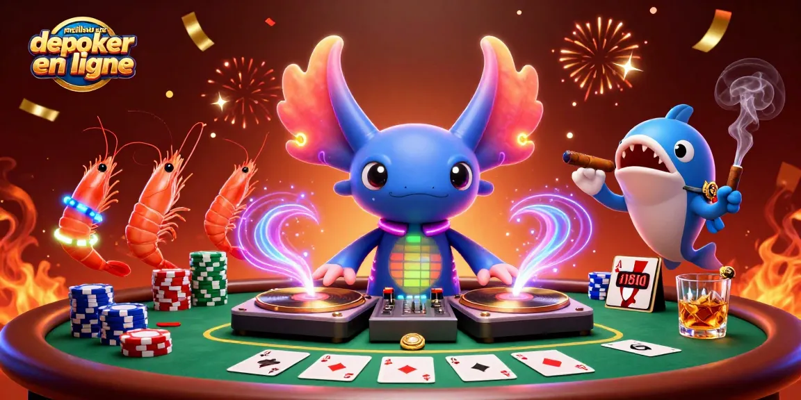 Jouer sur le meilleur site de poker en ligne avec une atmosphère festive pleine d'énergie et de couleurs vives.