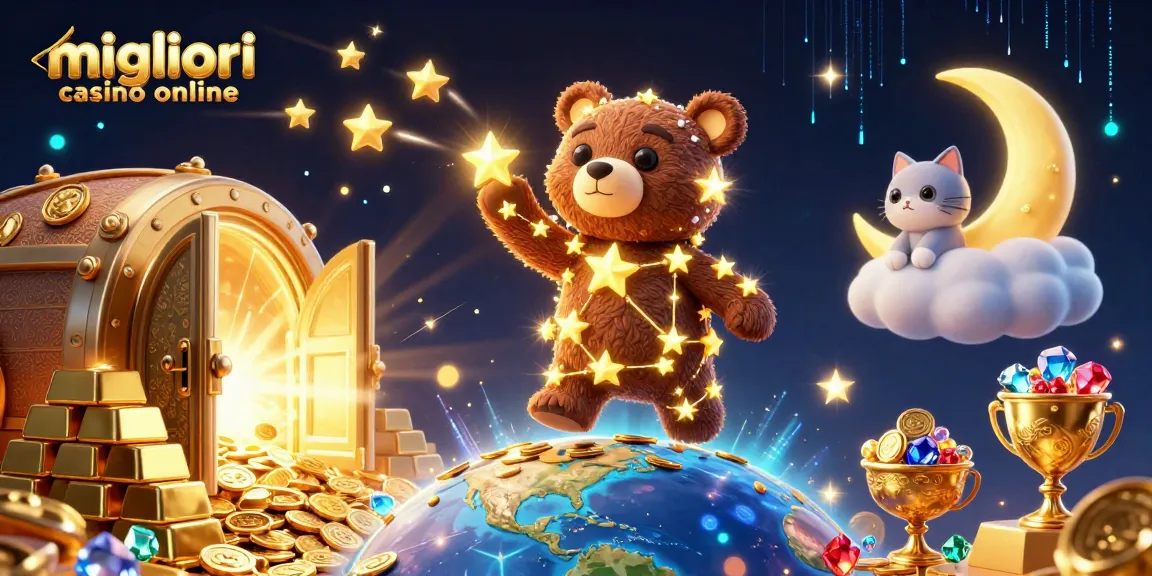 Migliori casino online: goditi una monumentale illustrazione 3D con un orso a costellazione che raccoglie monete sotto un cielo stellato.