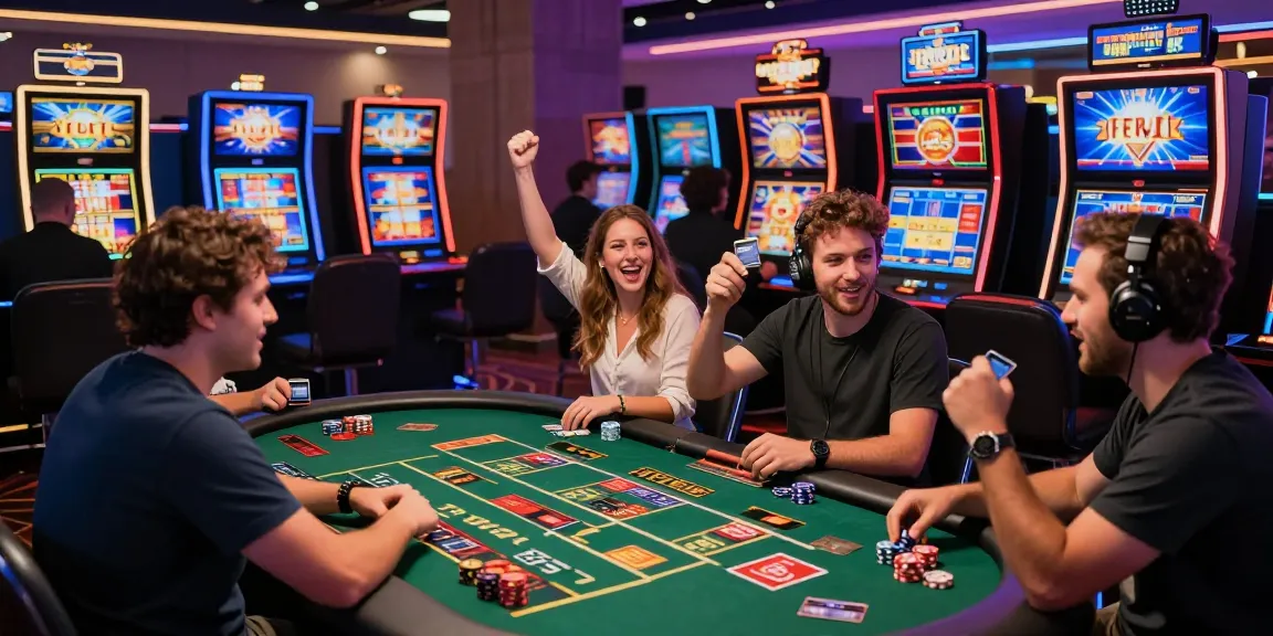 Exciting scene at credit card casinos with players celebrating wins amidst vibrant gaming tables.