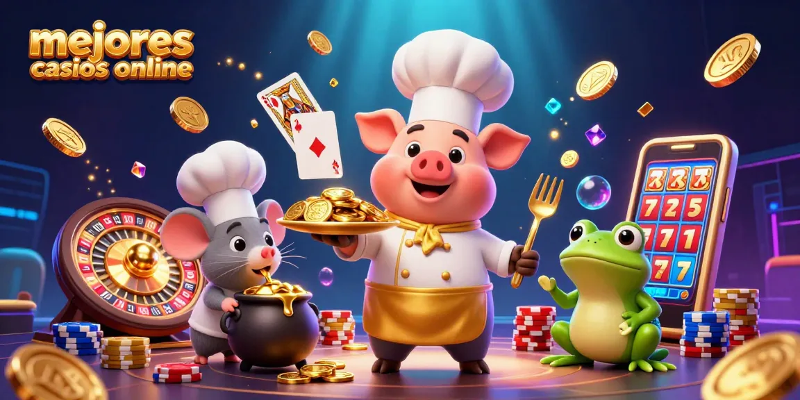 Descubre los mejores casinos online en una actuación de un chef, ratón y rana en un entorno de juego vibrante.