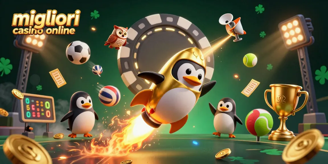 Scopri i migliori casino online mentre un pinguino dorato vola verso un casinò spaziale.