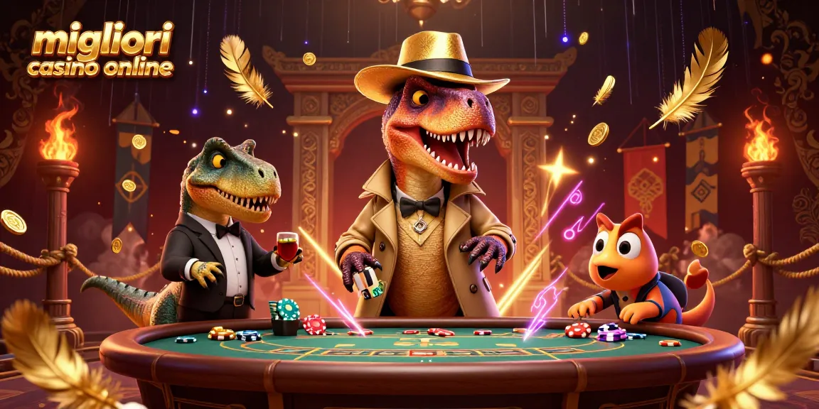 Gioca nei migliori casino online con un velociraptor al blackjack, mentre un pit boss sospettoso osserva.