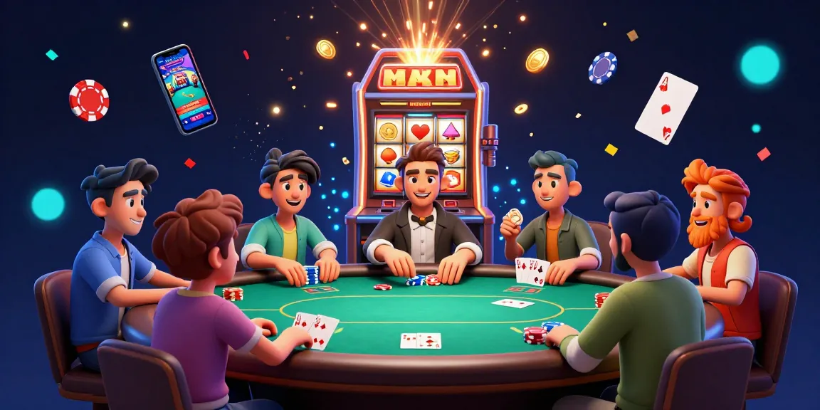 Jouez au site de poker en ligne avec une ambiance dynamique autour de joueurs compétitifs et de cartes volantes.