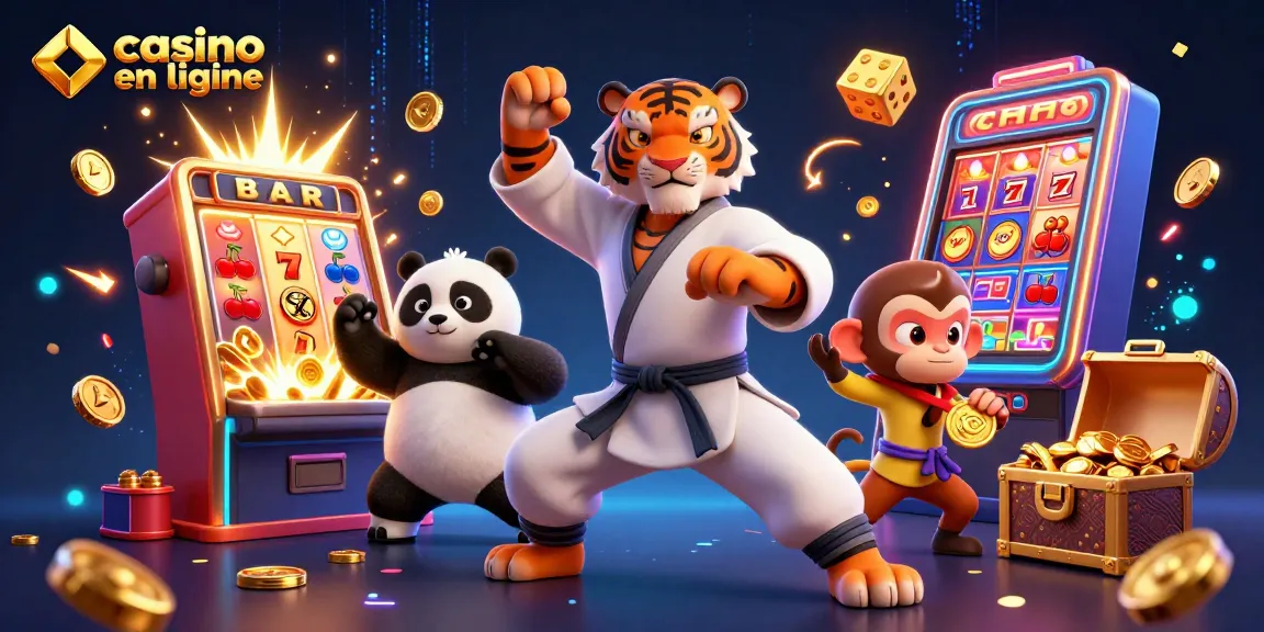 Découvrez l'animation captivante du casino en ligne avec le maître de kung-fu et son panda disciple.