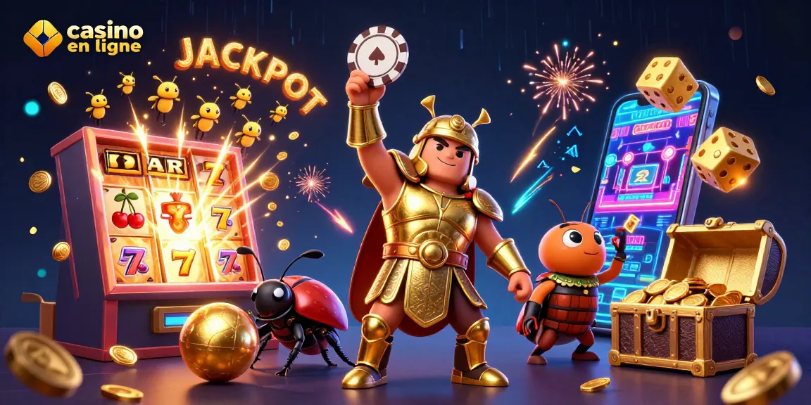 Illustration dynamique d'un casino en ligne où un scarabée héros lève un jeton de poker victorieux sous l'inscription JACKPOT.