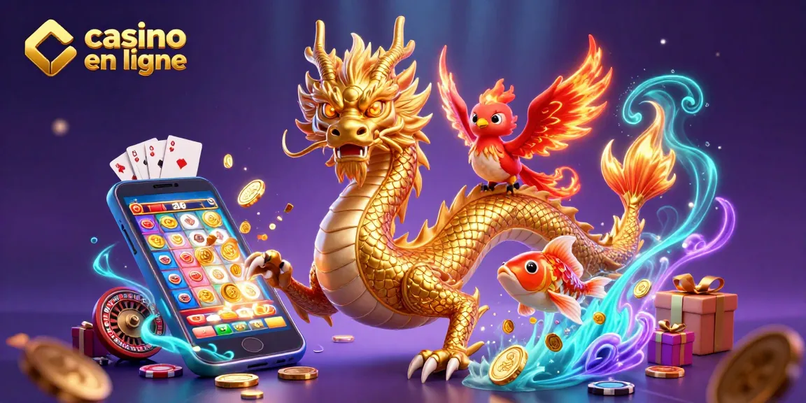Jouez au casino en ligne avec une illustration de dragons, phoenix et poissons chanceux.