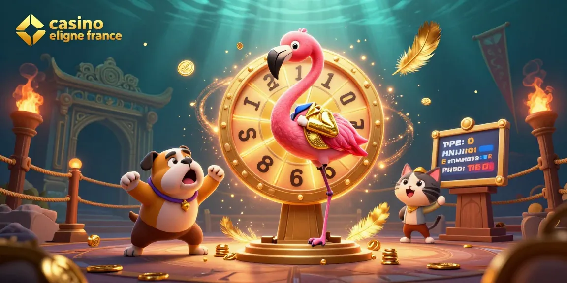 Visuel captivant du casino en ligne France avec un animateur flamant, un bulldog et un chat assistants révélant des prix.