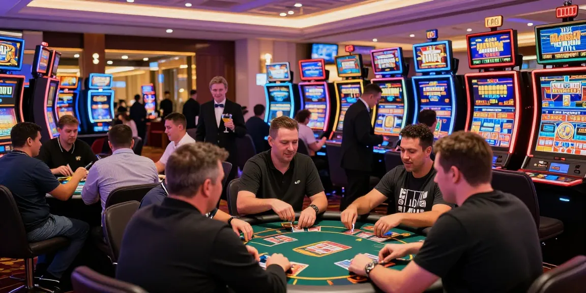 uk credit card casinos bustling casino scene with players enjoying slots and card games, vibrant atmosphere reflecting exciting gaming.