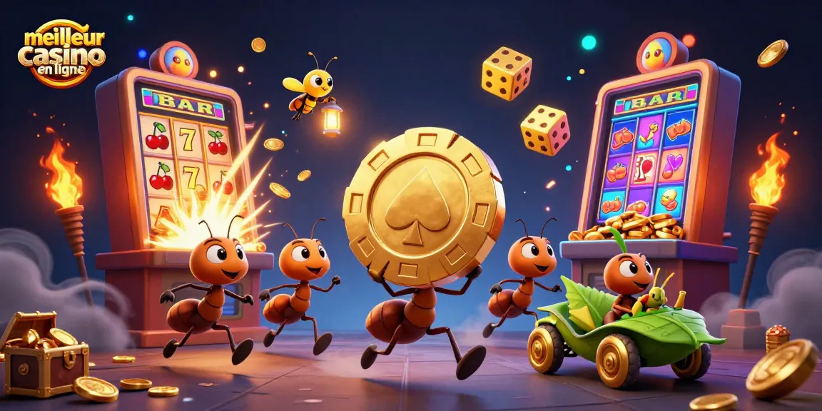 Vivez l'excitation du meilleur casino en ligne avec une illustration dynamique de fourmis en pleine action.