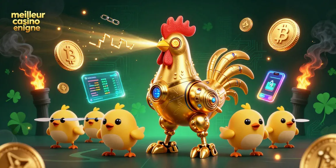 L'illustration du meilleur casino en ligne avec un robot coq doré et des drones, entourés de pièces de crypto-monnaie.