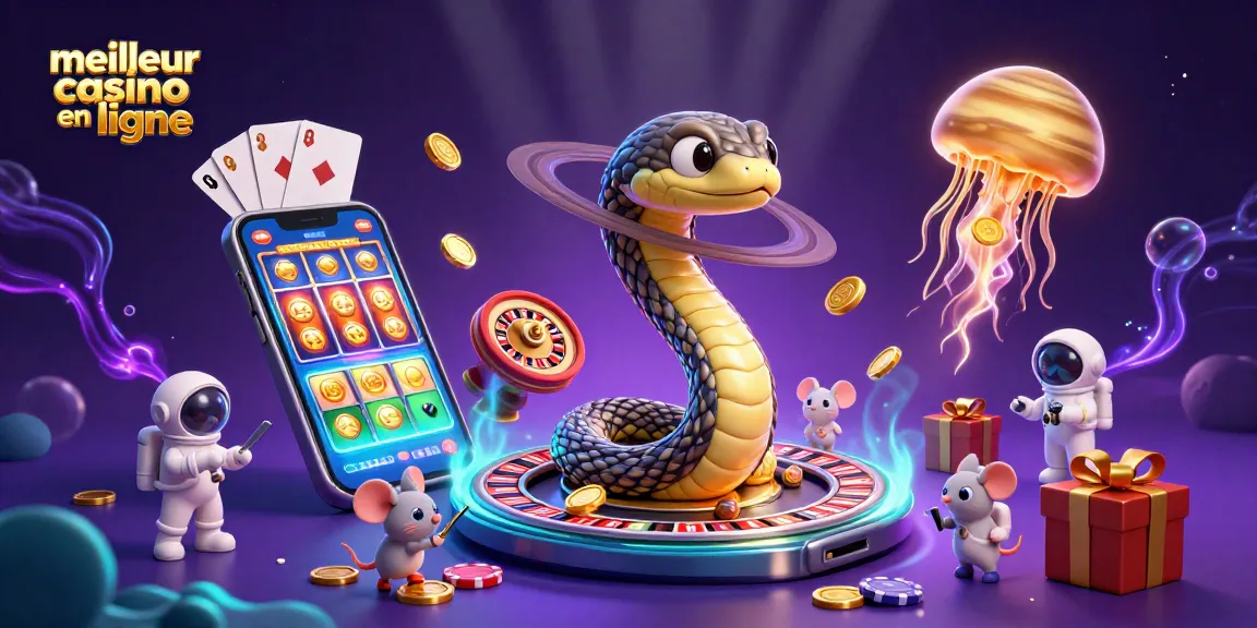 Illustration captivante du meilleur casino en ligne, avec un serpent et des astronautes pariant autour d'une roulette spatiale.