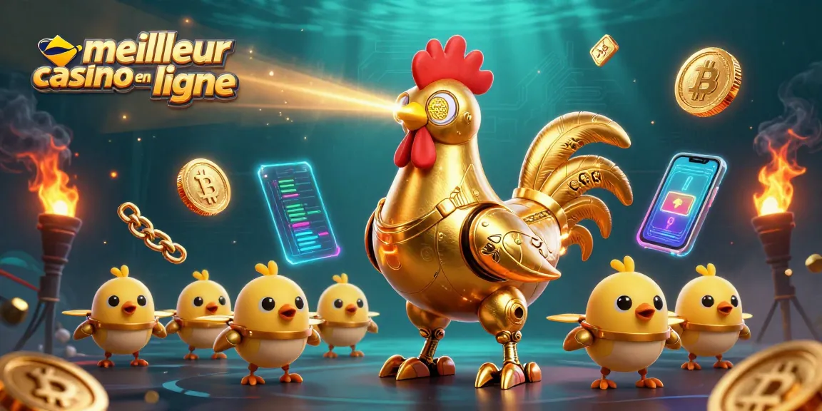 Jouez au meilleur casino en ligne avec un robot coq doré et des drones, entourés de pièces de crypto-monnaie.