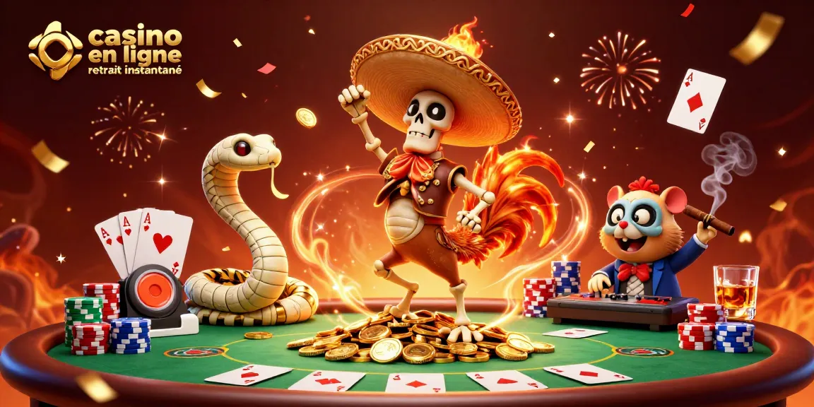Une illustration dynamique d'un casino en ligne retrait instantané avec un coq dansant sur des pièces d'or.