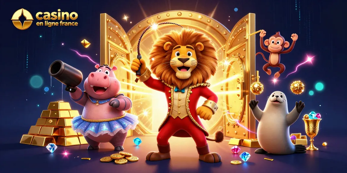Découvrez le monde du casino en ligne France avec une illustration vibrante de personnages de cirque et des trésors étincelants.