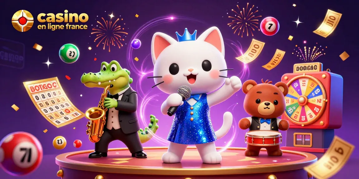 Illustration divertissante mettant en avant le jeu casino en ligne France avec des personnages animés et des éléments de loterie.