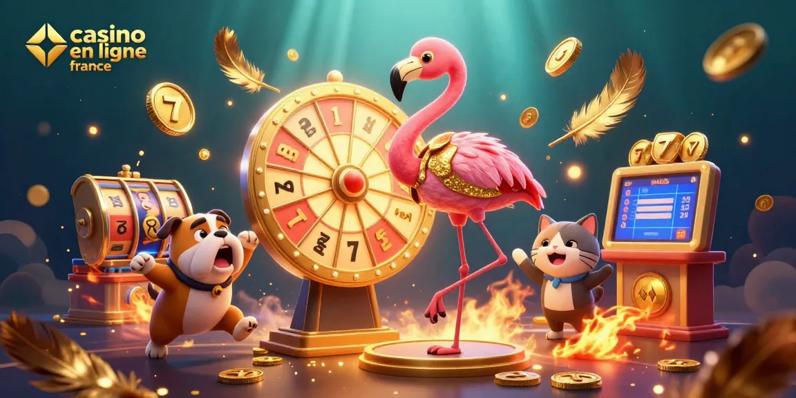 Voici une illustration d'un jeu de prix au casino en ligne en France avec un animateur flamant rose et un bulldog enthousiaste.