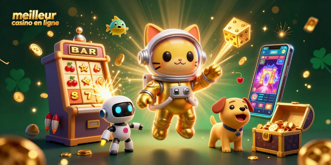 Gagnez gros dans le meilleur casino en ligne avec cette illustration festive de jeux et d'astronautes.