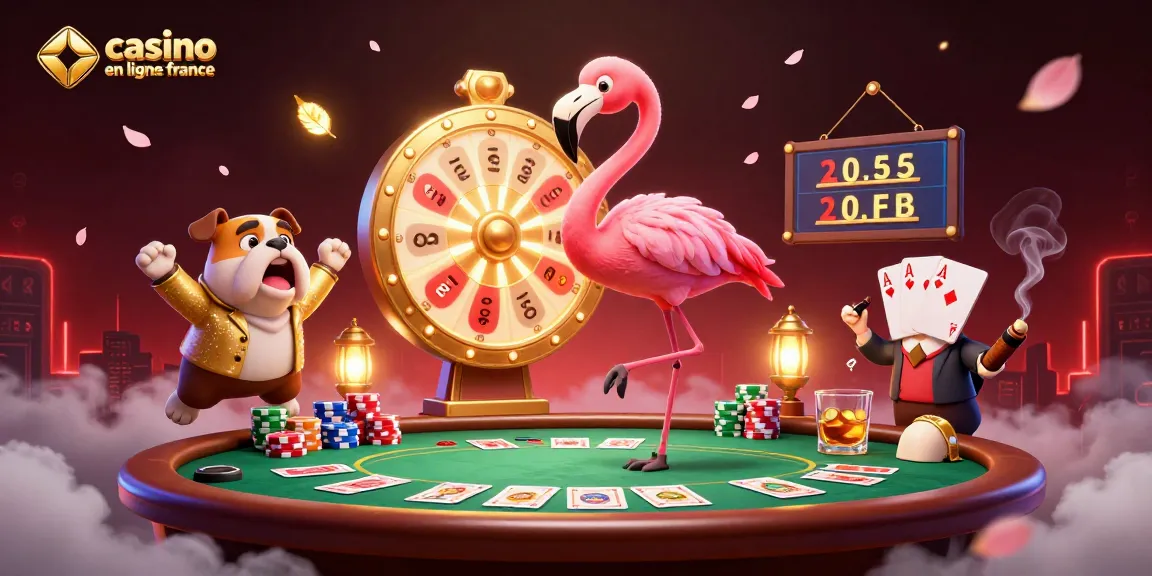 Illustration dynamique de casino en ligne France, avec un flamant rose animateur et des jeux de cartes excitants.
