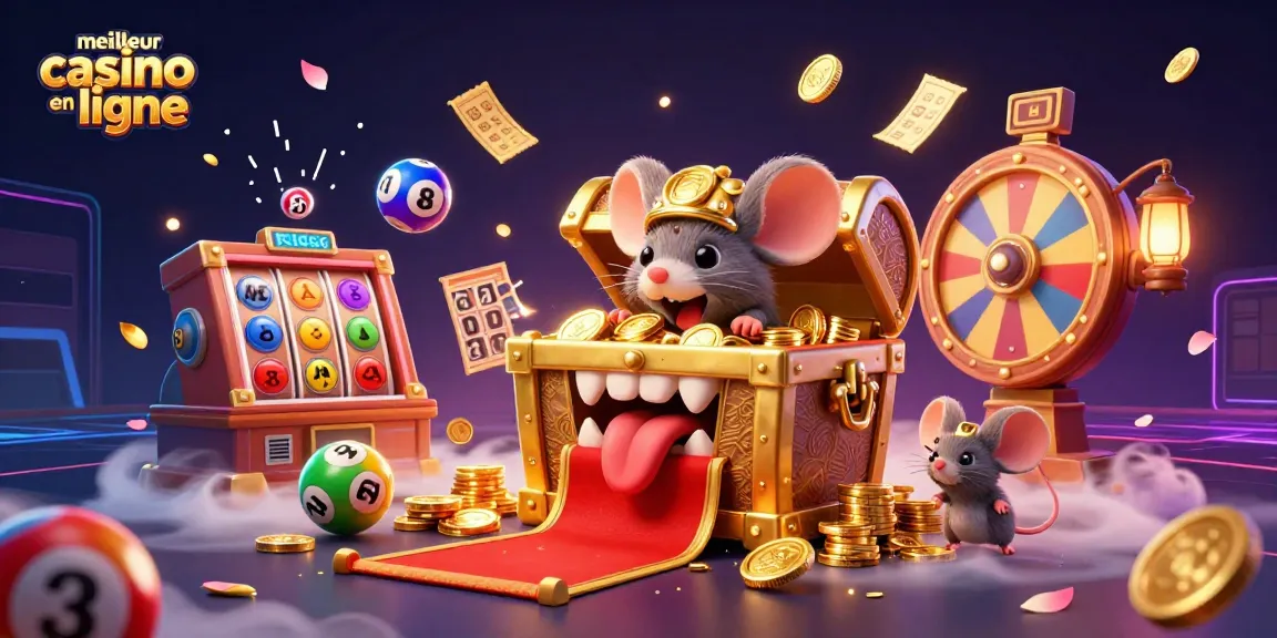 Illustration d'un trésor dans un meilleur casino en ligne, avec des balles de loterie et des billets d'or.