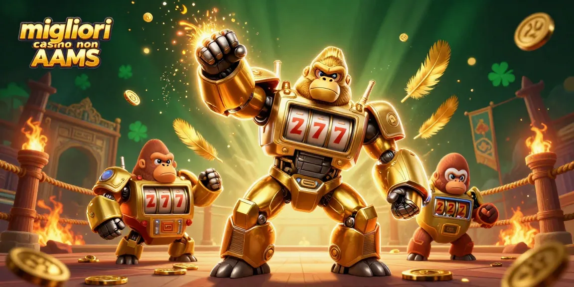 Scopri i migliori casino non AAMS con un gorilla mech dorato che spara monete e rulli in azione.