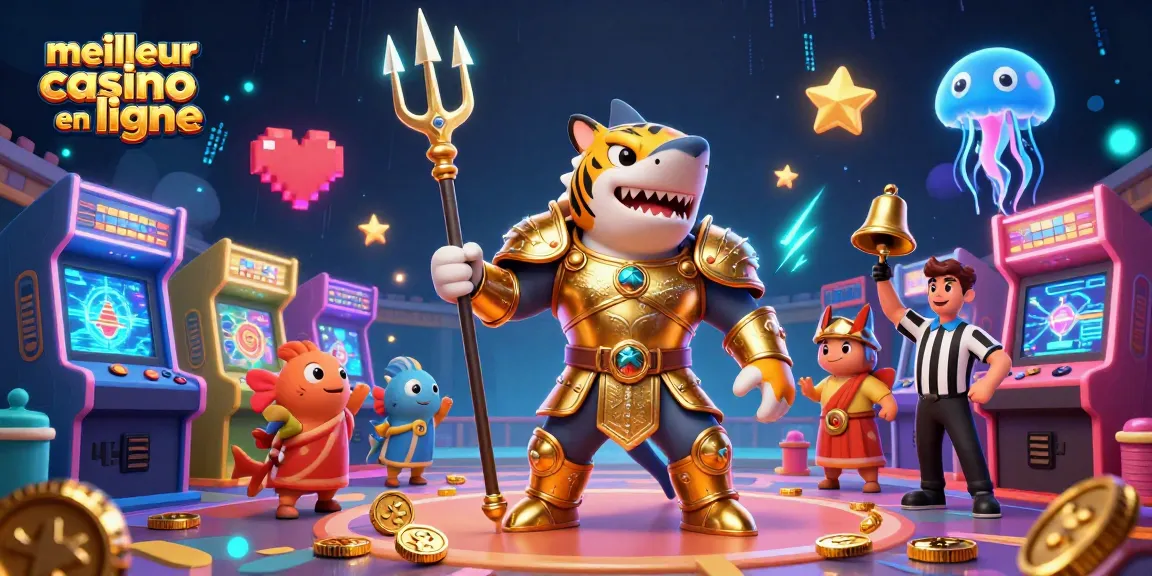 Gagnez avec le meilleur casino en ligne, illustration d'un requin tigre en armure dans une arène aquatique.