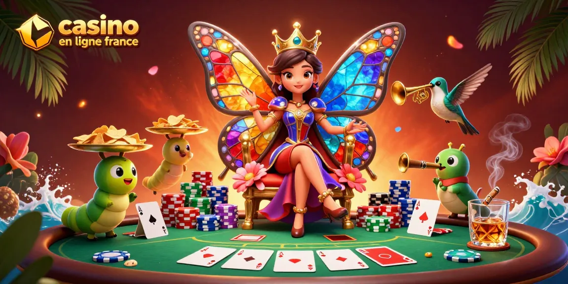 Jouez au casino en ligne France avec une illustration dynamique de la reine papillon et ses serviteurs.