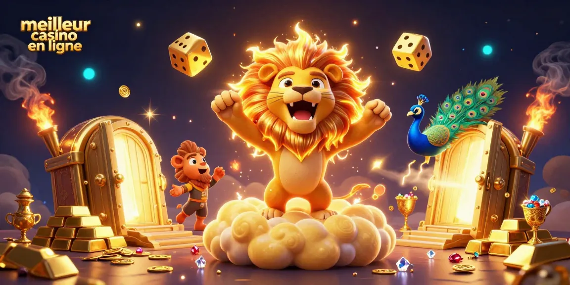 Visualisez le meilleur casino en ligne avec un lion rayonnant et des dés dorés dans un univers éclatant.