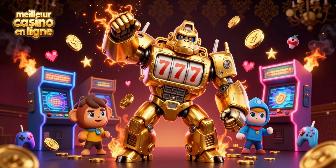 Gagnez au meilleur casino en ligne avec une illustration de machines à sous dynamiques et un gorille en or robotique.