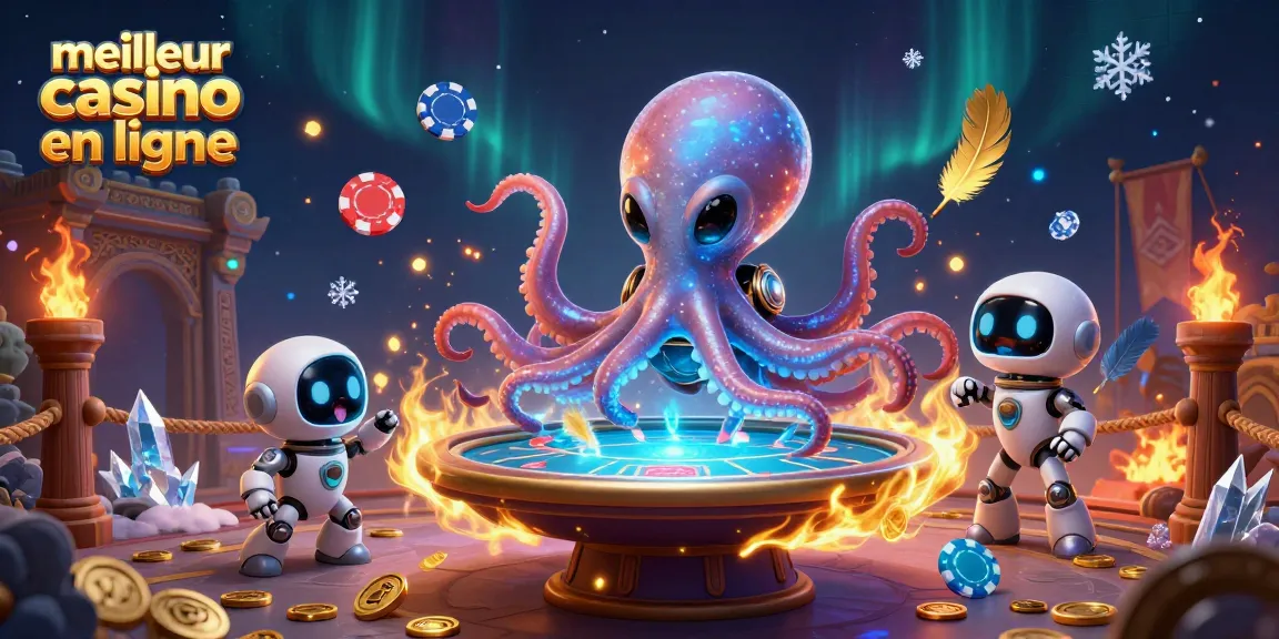 Un octopus extraterrestre jouant au poker, symbole du meilleur casino en ligne, parmi des éléments de jeu captivants.